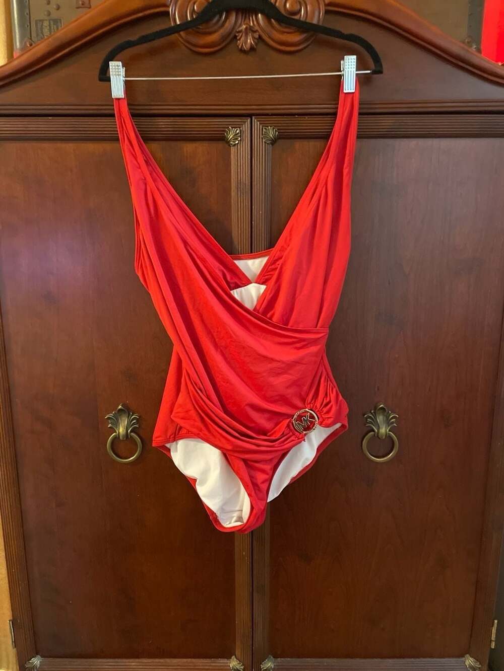 Michael Kors Red Draped One-Piece Swimsuit with Logo Accent
